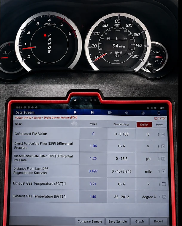 Dashboard with no warning lights and scan data after the clean
