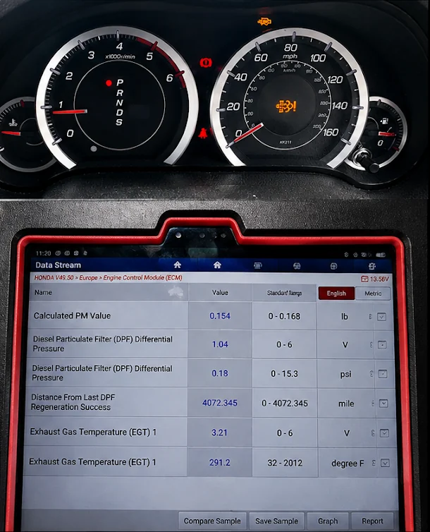 Dashboard with the DPF warning light on and scan data before the clean